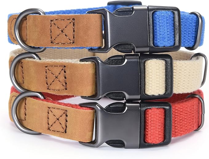 Mile High Life Genuine Leather Dog Collar, Soft Cotton Pet Collars with Heavy Metal Buckle for Small Large Dogs (Blue, L Neck 17"-21")