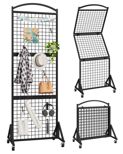 CHOEZON Foldable Grid Wall Panel 1.9' x 5.6' FT, Movable Gridwall Display Rack, Wire Grid Rack on Wheels, Retail Display Stand, with 4 S-Shaped Hooks and 4 Garment Hooks, Black TCJ37BB