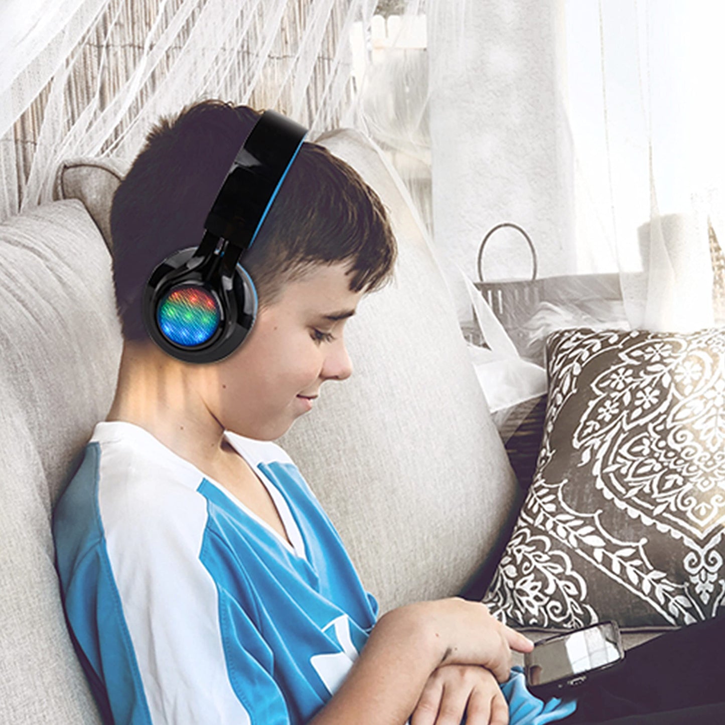 Riwbox Wireless Headphones for Kids, AB005 Kids Bluetooth Headphones V5.2 with Microphone Foldable Headset with TF Card FM Radio and LED Light Compatible for Phones PC TV (Black&Blue)