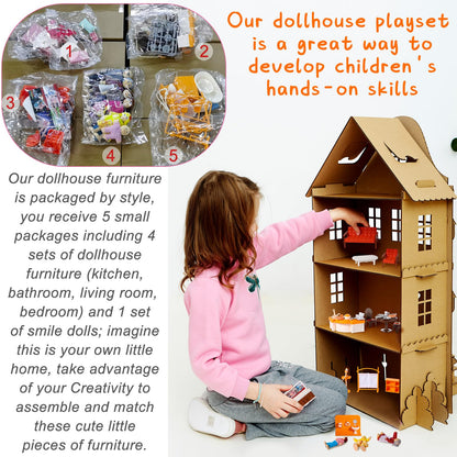 HyDren 83 Pcs Wooden Dollhouse Furniture Set with 8 Flexible Dolls for 5 Rooms Kits Kitchen, Dining, Living Room, Bedroom, Bathroom Dollhouse Accessories and Furniture Toys for Girl Boy Toddlers Gift