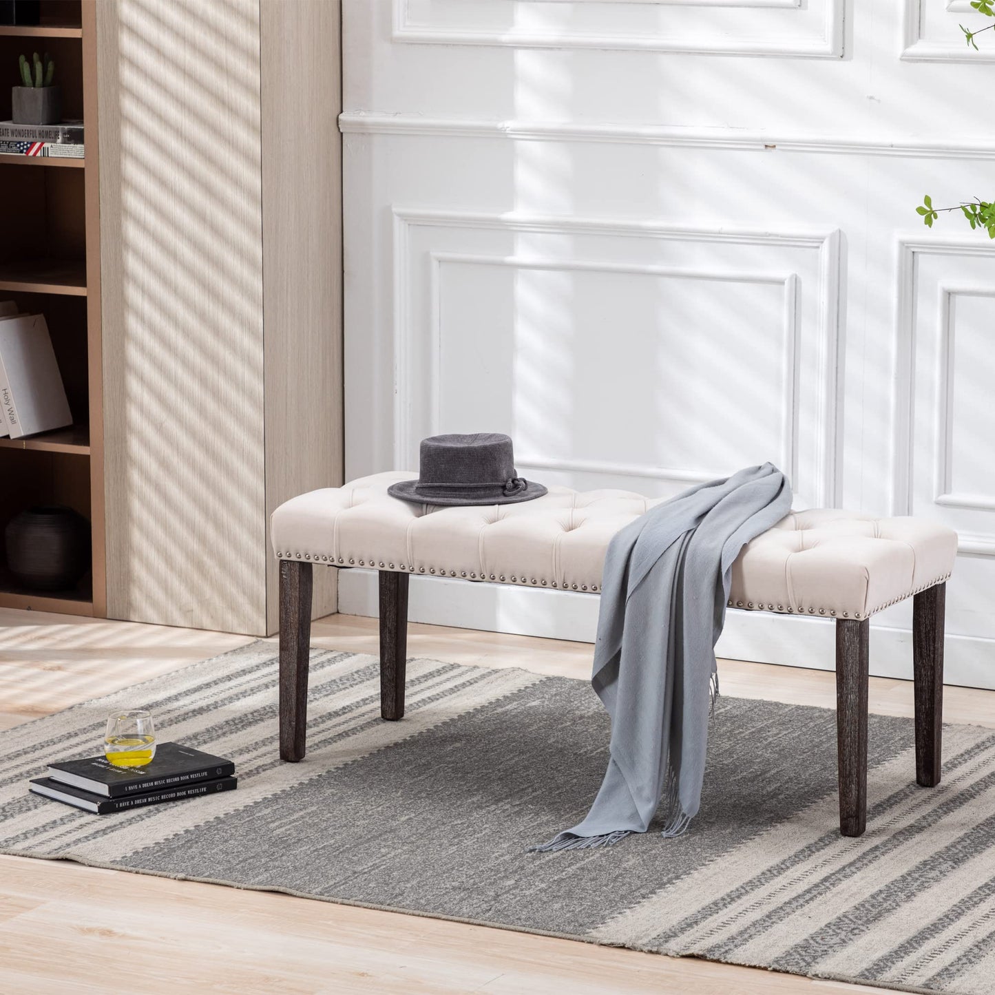 Aursrenty Velvet Upholstered Tufted Bench with Rubber Wooden Legs, Velvet Cushion, 45.28" L Accent Footrest Stool for Living Room, Entryway, Dining Room, Bedroom Beige