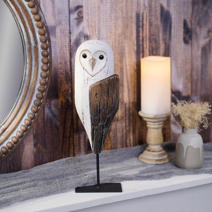 Primitives by Kathy Sitter - Barn Owl, from Our Haunted White Collection displaying a Wood Sculpture Inspired Design Made of Natural Wood with Painted Accents and Distressed Details
