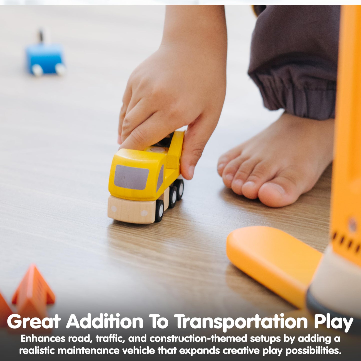PlanToys® Highway Maintenance Wooden Montessori Vehicle and Imaginative Play Set | Creativity, Language and Social Skill Building Activity | Eco Friendly Construction Truck Set