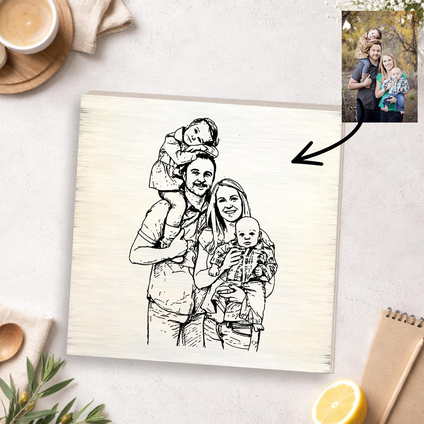 Personalized Sketch Photo Wooden Block Sign, Custom Hand Drawn Family Portrait from Photo, Meaningful Keepsake Shelf Sitter Home Decor Gift for Parents Grandparents