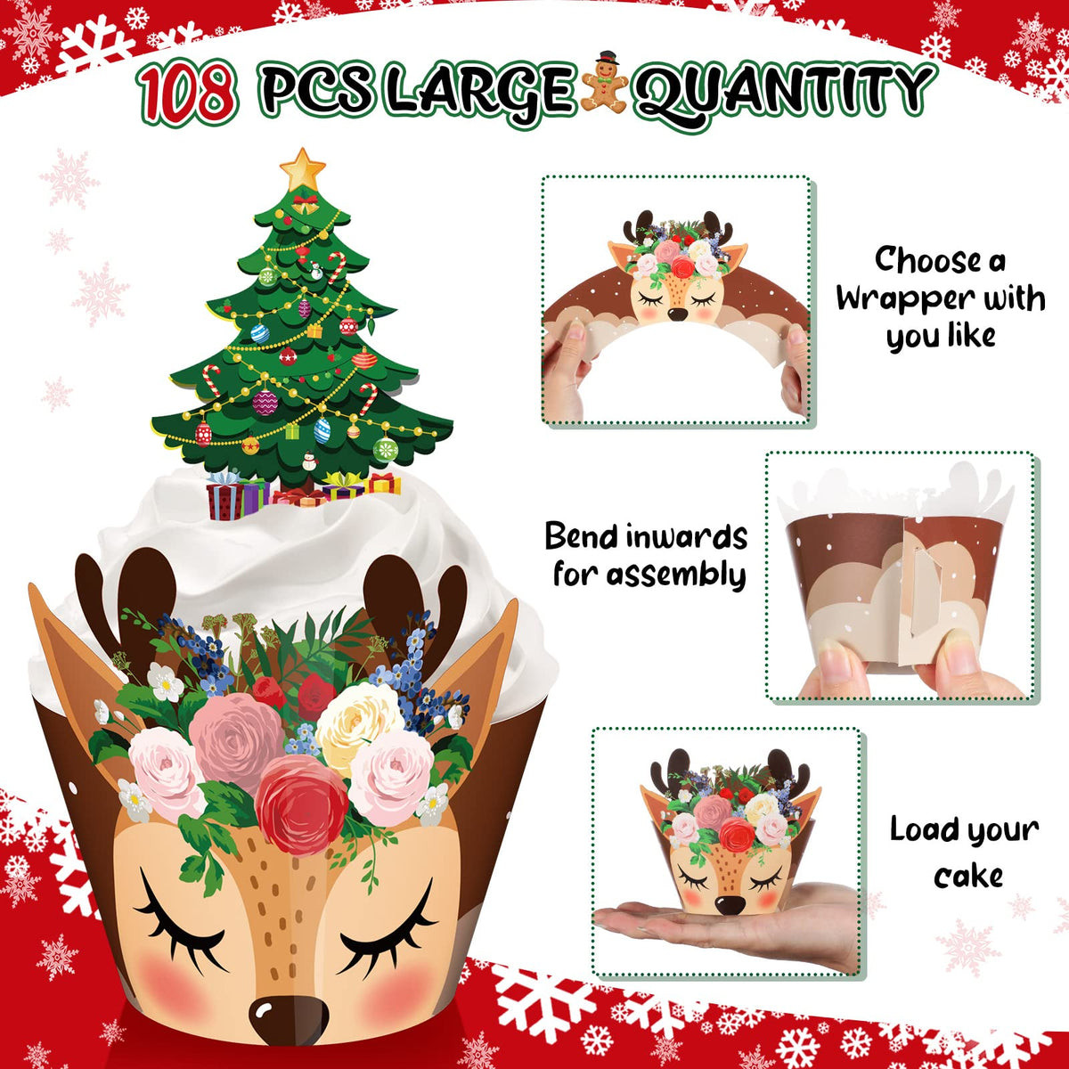 Perthlin 108 Pieces Christmas Cupcake Toppers Wrappers Snowman Santa Claus Reindeer Elf Penguin Gingerbread Christmas Tree Cake Decorations Cupcake Picks Liners for Xmas Holiday Party Supplies Favors