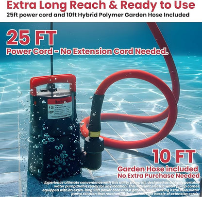 Sump Pump, Submersible Water Pump, 1/2HP Submersible Pump, Water Removal Pump With 10Ft. Garden Hose for Pool Draining, Hot Tub & Basement, Portable Pump with 25ft Long Cord & Garden Hose Adapter