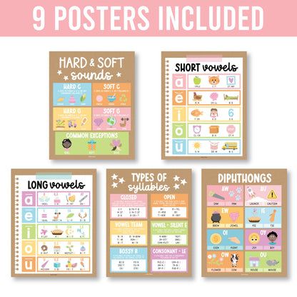 Hadley Designs Phonics Posters for Classroom Must Haves - 9 Sound Wall for Kindergarten & Elementary Teacher Supplies, Syllable, Vowels, Digraphs & Blends Bulletin Board Set, Kraft Classrom Decor