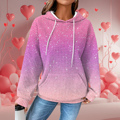 domirica Valentines Day Hoodies For Women Heart Print Pullover Oversized Waffle Long Sleeve Cute Graphic Hooded Sweatshirts Comfy 2025 Spring Fashion Trendy Casual Blouses Wiht Pockets,S