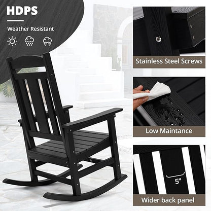 LUE BONA Outdoor Rocking Chairs Set, 3-Piece, HDPS Poly Porch Rockers with Table, Plastic Weather Resistant Rocking Chair Set for Outdoor Indoor, Garden, Backyard, 350lb, Black Chairs+Table