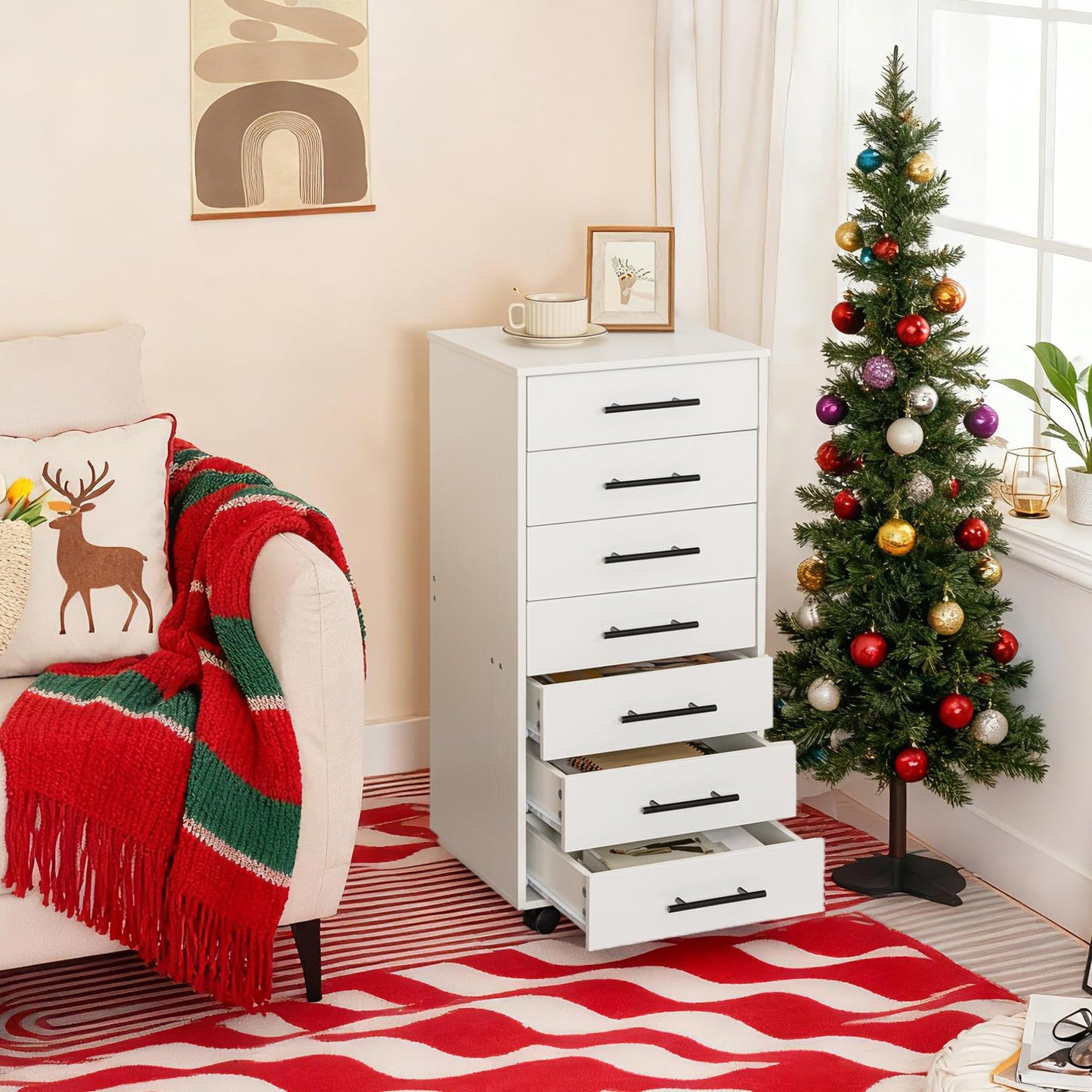 HOOBRO 7-Drawer File Cabinet, Wooden Office Cabinet with Drawers, Mobile Storage Filing Drawer for Home Office, Study, Easy Assembly, White WT07WJ01