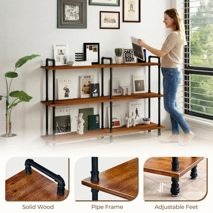 Industrial Bookshelf, Rustic Open Bookcase, 3 Tier Wide Wood and Metal Bookshelf, Solid Pine Wood and Iron Pipe Long Storage Shelf Wide Open Storage Shelf for Living Room Office Bedroom Kitchen