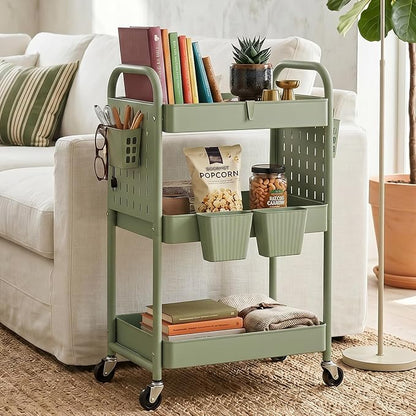 danpinera 3 Tier Rolling Cart with Retractable Dividers, Multi-Functional White Rolling Utility Cart with Pegboards, Hooks & Hanging Cups for Nursery, Living Room, Studio