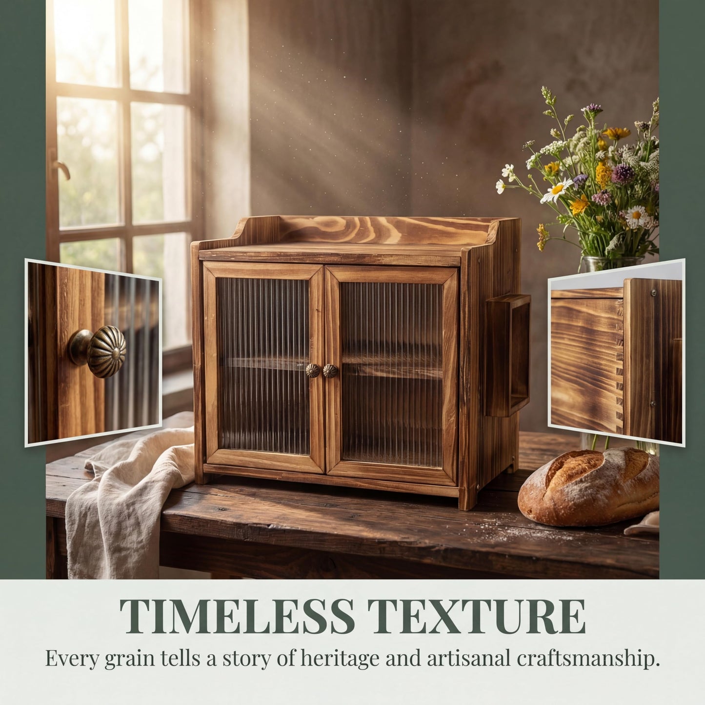ZOOIQ Farmhouse Wooden Bread Box with Double Fluted Glass Doors, 2-Tier Counter Corner Storage Cabinet, Rustic Kitchen Countertop Organizer for Bread Coffee Spices