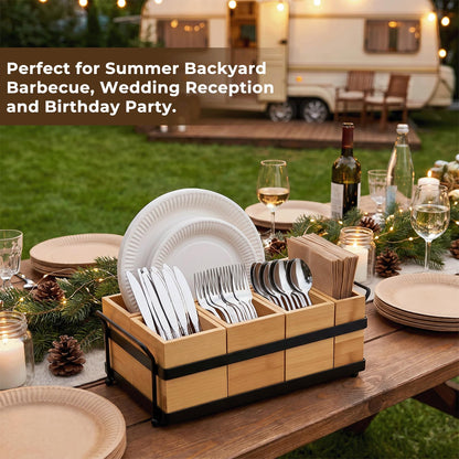 Eclove 5-in-1 Bamboo Utensil Caddy and Paper Plate Organizer - Wooden Silverware Caddy with Napkin Holder and Portable Handle - Flatware Organizer for Kitchen Countertop, Camper RV, Buffet Party
