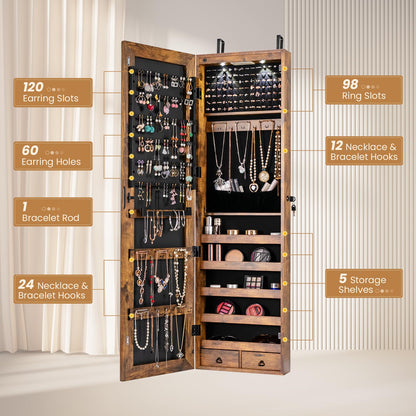 NAFORT 2 LEDs Full Length Mirror with Jewelry Armoire, Jewelry Organizers and Storage with 2 Mounting Options, 47.5”H Jewelry Cabinet with 2 Drawers, Make up & Lockable Jewelry Box, Rustic Brown