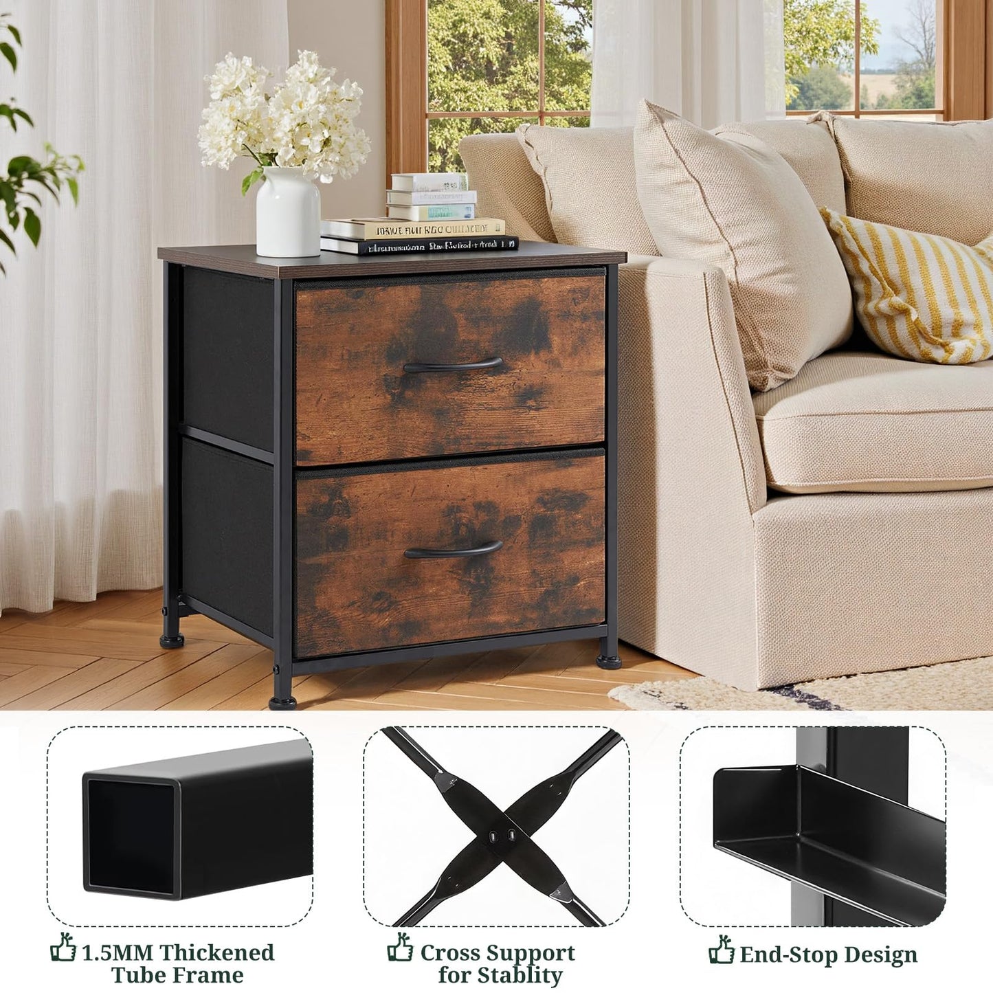 Nightstand, Small 2 Drawer Dresser End Table Bedside Furniture, Wooden Top Fabric Bins for Bedroom, Closet, Entryway, Dorm, 11.8" D x 18" W x 20", Brown