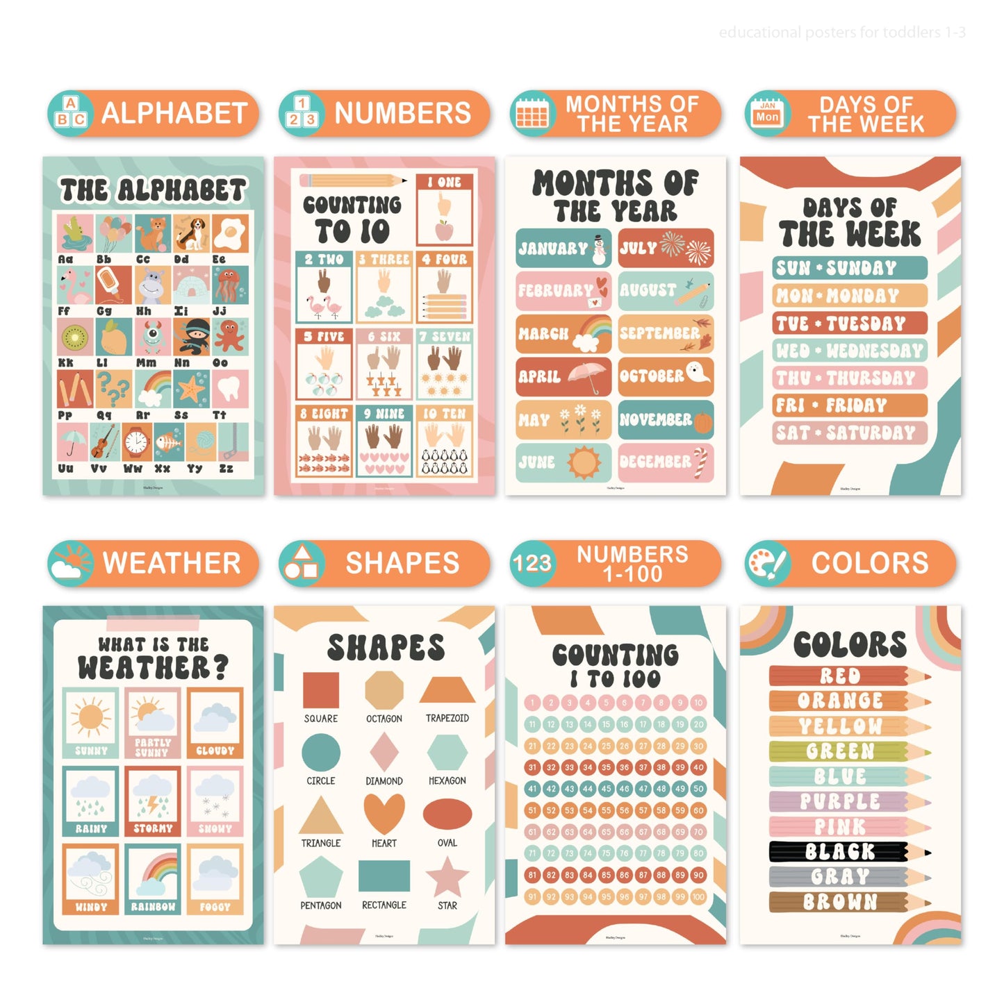 Hadley Designs 16 Educational Posters for Classroom Must Haves - Laminated Pre-K Posters for Toddler Homeschool Essentials, Toddler & Preschool Learning Activities, Kindergarten Classroom Decor