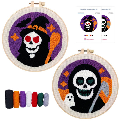Halloween Punch Needle Kit for Adults Beginners, Easy Punch Embroidery Starter Set with Instruction, Fun DIY Needle Point Craft for Home Decor & Holiday Gift Idea(2pcs Skull Witch & Grim Reaper)