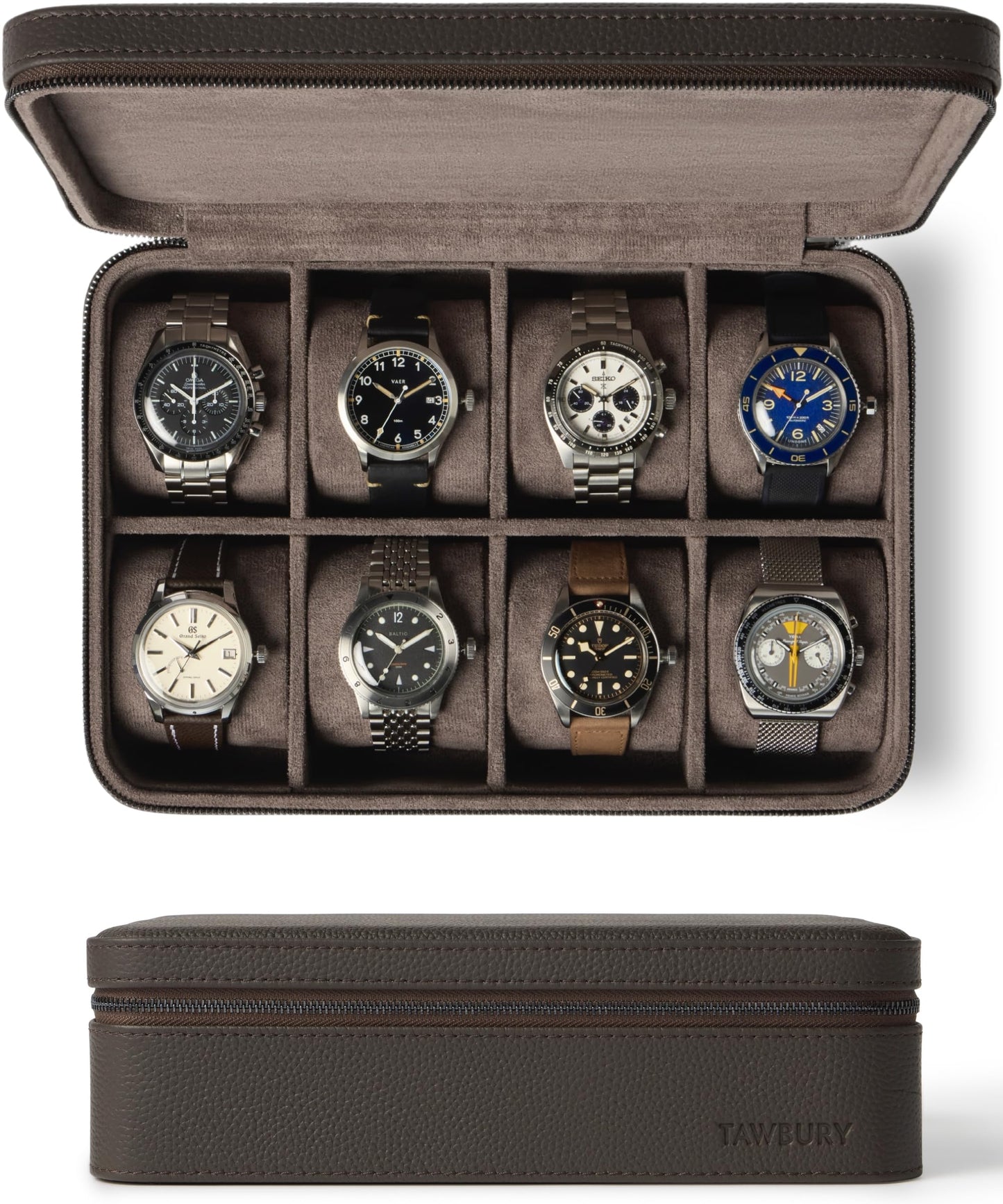 TAWBURY Watch Case - 8 Slot Genuine Top-Grain Leather Watch Box for Men & Women with Extra Wide Pillows for Large Watches - Portable Wristwatch Storage for Home & Travel (Brown)