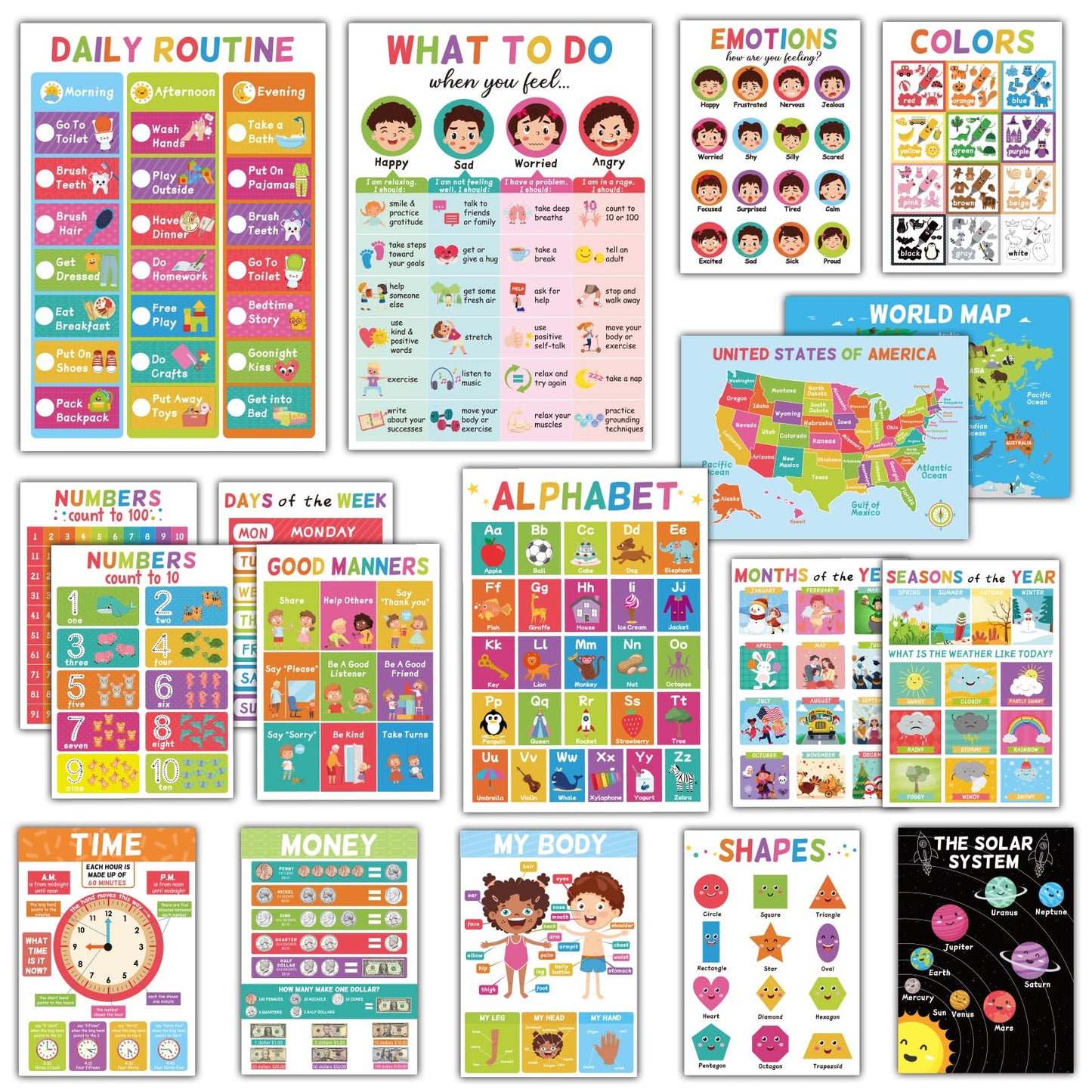 18 Educational Posters for Toddlers 1-3, Learning Posters for Kids Ages 3-5, ABC Poster Alphabet Poster for Preschoolers, Kindergarten Preschool Decor for Wall, Homeschool PreK Classroom Must Haves