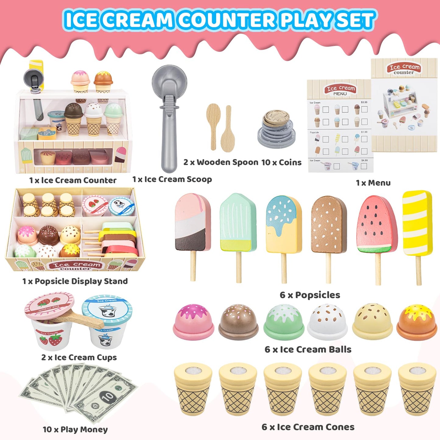 Wooden Ice Cream Toys – 32 pcs Pretend Ice Cream Play Set with Scooper, Menu, Fake Money & Storage | Wooden Play Store Counter Shop & Toy Gift for Toddlers Girls Boys Ages 3 4 5 6 7 8