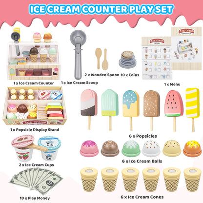 Wooden Ice Cream Toys – 32 pcs Pretend Ice Cream Play Set with Scooper, Menu, Fake Money & Storage | Wooden Play Store Counter Shop & Toy Gift for Toddlers Girls Boys Ages 3 4 5 6 7 8