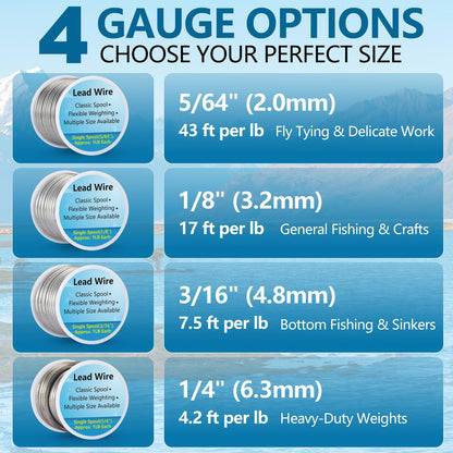 holama Lead Wire Solid Core Roll 1 Lb Spool — Soft High Density Lead Line for Fishing Sinkers, Drift & Dragging Weights, Fly Tying Crafting Material with 5/64", 1/8", 3/16", 1/4" Gauge Available