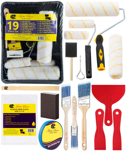Bates- Paint Roller Kit, 19 pcs, Roller Set with Microfiber Sleeves & Frame, Tray, Angled Brush & Foam Brush, Paint Scrapers and More for Walls, Cabinets, Interior, Exterior, House Painting Supplies
