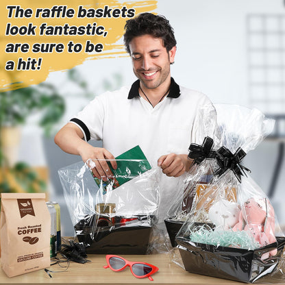 MADHOLLY 6 Set Baskets for Gifts Empty - Sturdy Kraft Gift Basket Kit with Cellophane Wrap Pull Bows for Men, Father’s Day, Career Promotion, Birthday Gift Wrapping, Black