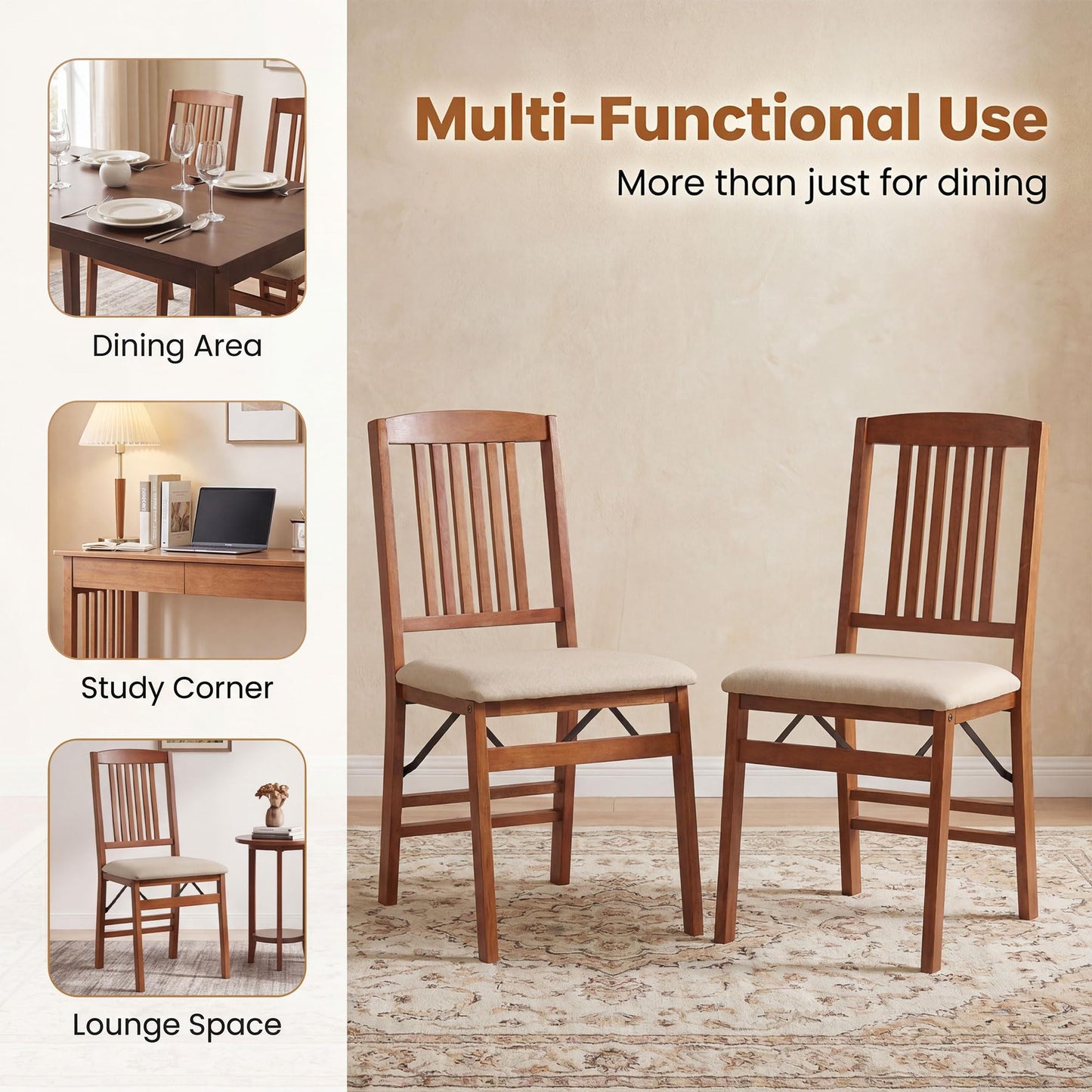 COSTWAY Folding Dining Chairs Set of 2, Wooden Kitchen Side Chairs w/Padded Seat, Solid Wood Frame, 420 LBS Load Bearing, No Assembly Needed, Vintage Foldable Chairs for Dining Room, Living Room