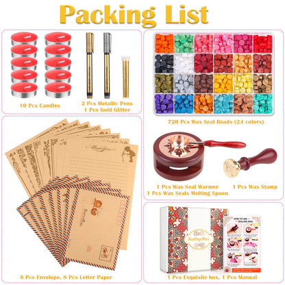 Anezus 754pcs Sealing Kit with Wax Beads, Stamp, Warmer, Vintage Envelopes, Metallic Pen for Letter Sealing, Invitations, Crafts