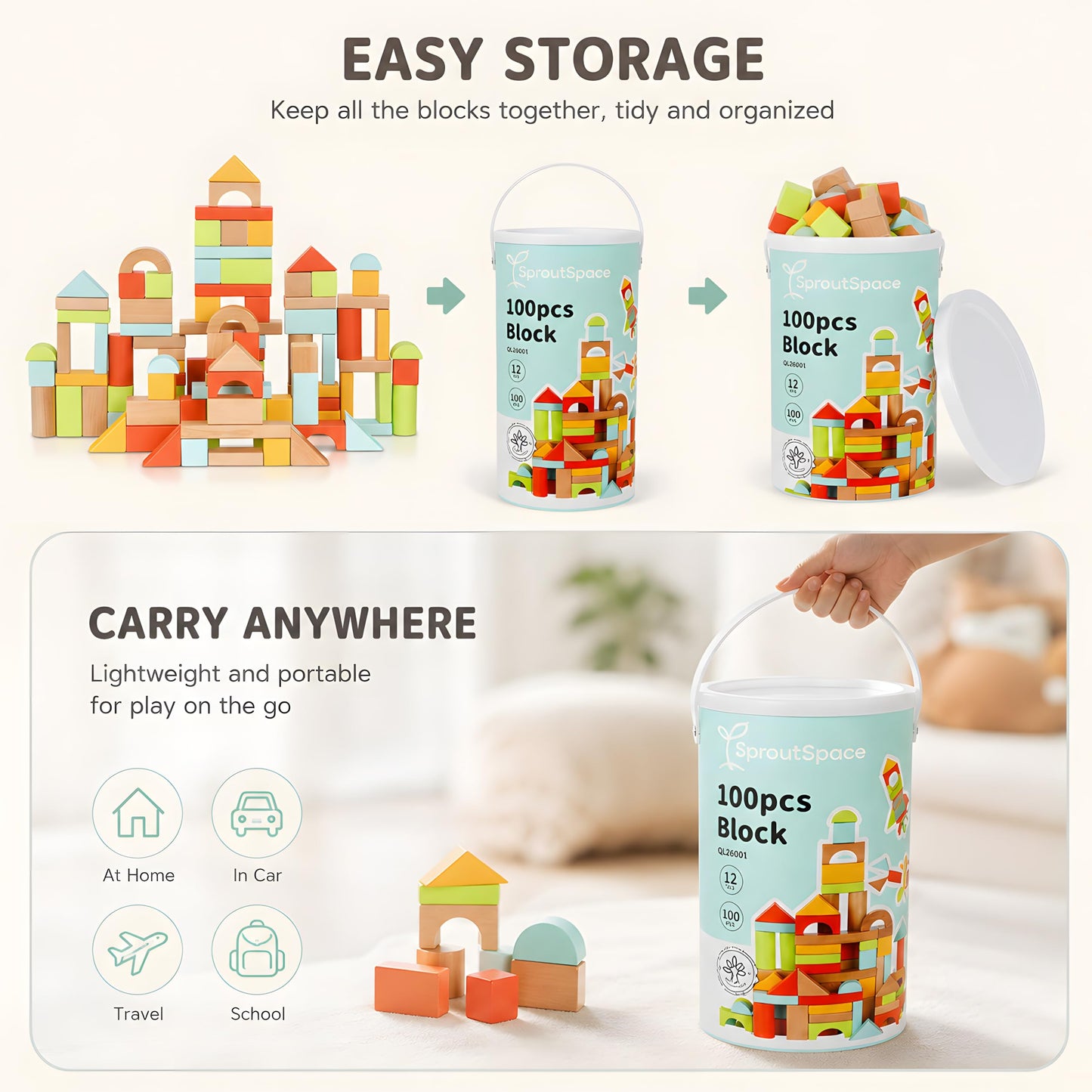 SproutSpace 100pcs Building Blocks for Toddlers 1-3, Wooden Blocks for Kids with Storage Bucket and Shape Sorter, Stacking Toys or 1 2 3 Year Old, Learning Toys for Preschool Girls and Boys