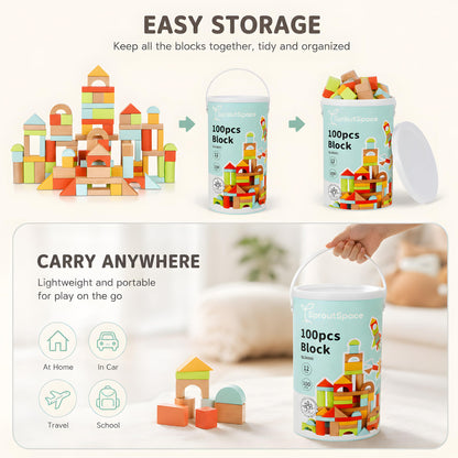 SproutSpace 100pcs Building Blocks for Toddlers 1-3, Wooden Blocks for Kids with Storage Bucket and Shape Sorter, Stacking Toys or 1 2 3 Year Old, Learning Toys for Preschool Girls and Boys