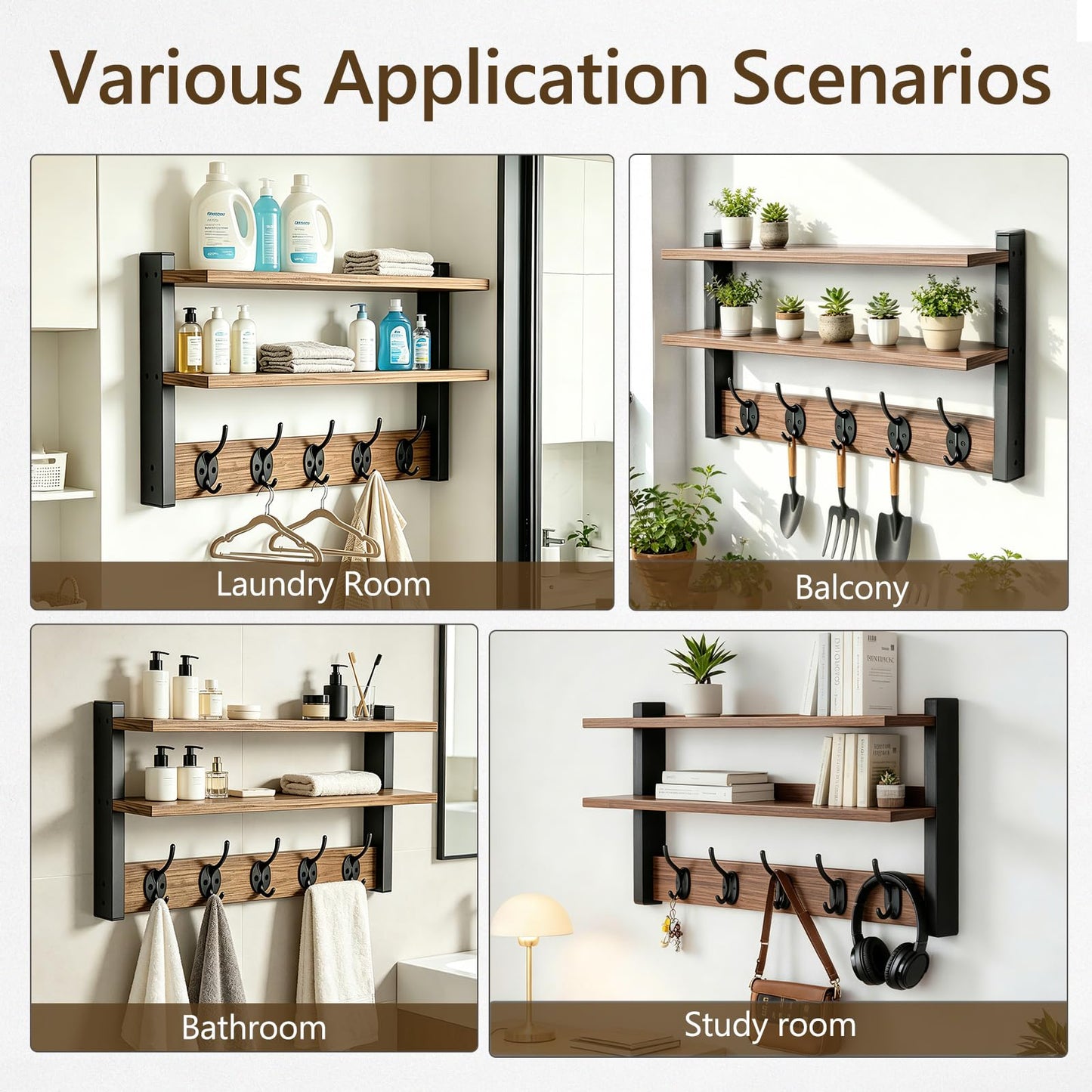 FOMAYKO Wall Hooks with Doubel Wood Shelves, 17 Inch Coat Hooks with Shelf, Wall-Mounted, Entryway Hanging Shelf with 5 Metal Hooks for Clothes Hats Towel Purse, Bathroom Bedroom, Rustic Brown Black