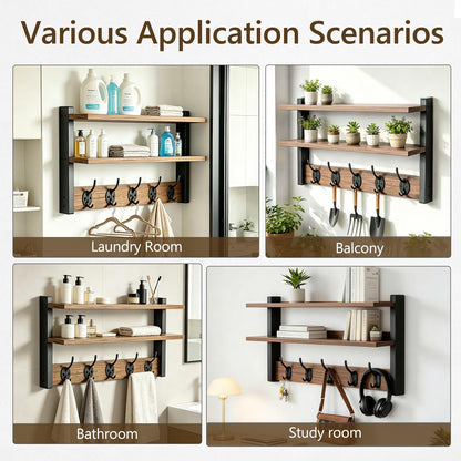 FOMAYKO Wall Hooks with Doubel Wood Shelves, 17 Inch Coat Hooks with Shelf, Wall-Mounted, Entryway Hanging Shelf with 5 Metal Hooks for Clothes Hats Towel Purse, Bathroom Bedroom, Rustic Brown Black