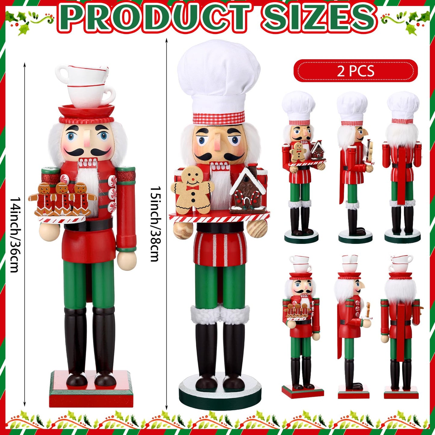 Soaoo 2 Pcs Christmas Nutcracker Ornament 15'' Wooden Nutcracker Figures Traditional Nutcrackers Soldier Christmas Decor for Desktop Table Collectible Decoration (Elegant)