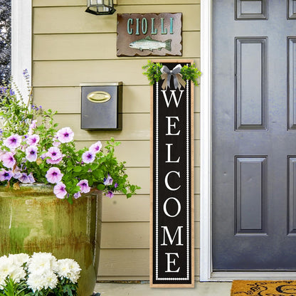 Aurapeak Welcome Sign for Front Porch Door Standing, Outdoor Large Wooden Home Rustic Farmhouse Yard Vertical Hanging Modern Entryway Plaques Outside Decorations (45"X9" Wood Black)