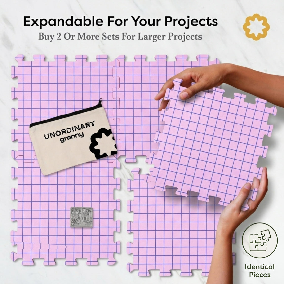 Unordinary Granny Crochet Blocking Board Set – 9 Extra Thick Interlocking Mats with Grid, 150 T-Pins, Felt Storage Bag and Cotton Pouch (Blush Pink)