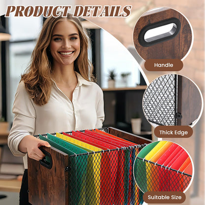 Yalikop Rustic Brown Wood File Box Organizer, Hanging Folder Storage Boxes, Filing Crate Bin Holder with Handle for Home Office Desk, Letter Size