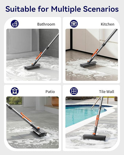Small Floor Scrub Brush with Length Adjustable Long Handle, 3 in 1 Heavy-Duty