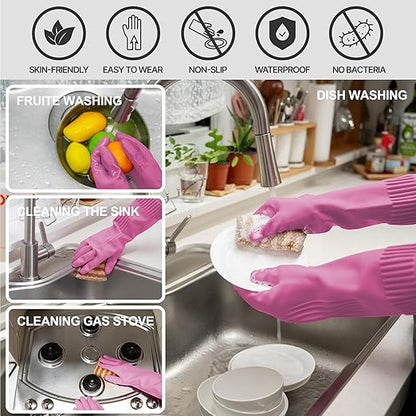 DABOGOSA Mamison 2 Pairs Reusable Waterproof Household Dishwashing Cleaning Rubber Gloves, Non-Slip Kitchen Glove (Pink, Large (Pack of 3))