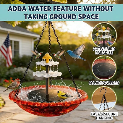 Solar Cascade Hanging Bird Bath Fountain, Solar Fountain Pump with 8 Nozzles, Hanging Bird Bath with Water for Outdoors Garden Patio Backyard Lawn Decor (Pink)