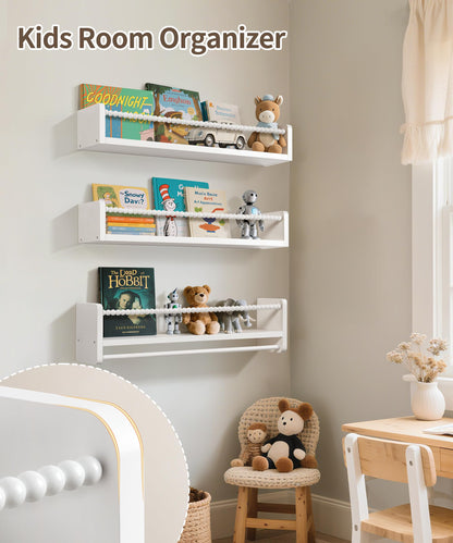 Maxpeuvon 23 Inch Kids Bookshelves Set of 3, Natural Wooden Floating Shelves Wall Mount Storage Organizer Shelf with Towel Bar Hanging Bookshelf for Kid Room Bedroom Living Room Decor, White