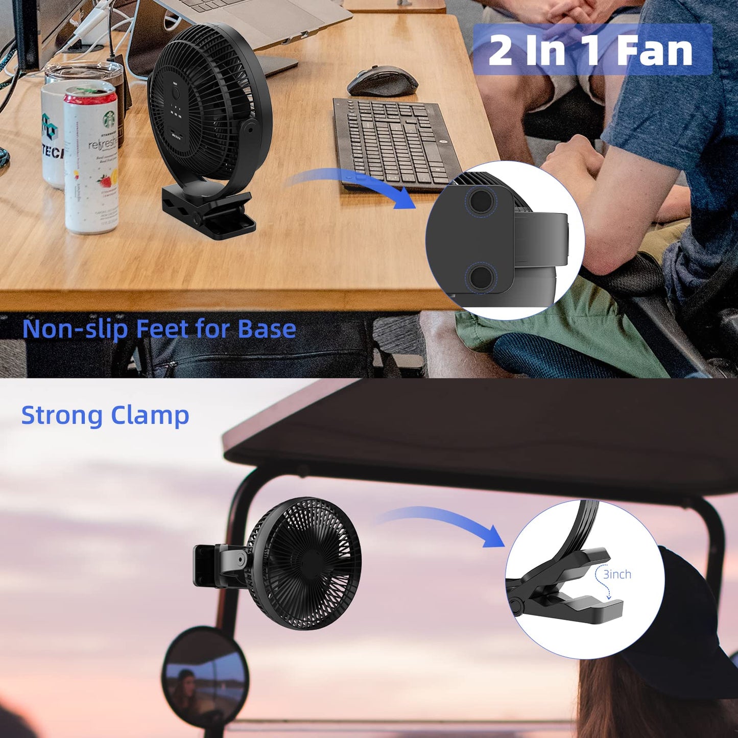 ATEngeus USB Desk Fan, Rechargeable Portable Fan, 8-Inch Clip on Fan, 10000mAh Stroller Fan, 4 Speeds Strong Airflow, 720° Rotation, with Sturdy Clamp, Suitable for home, office and stroller
