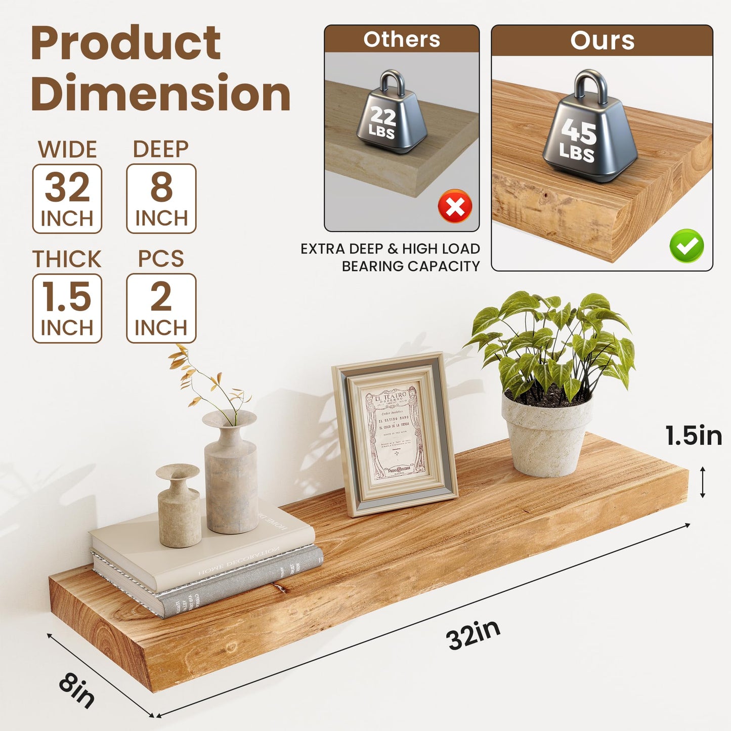 Acovy Extra Deep 32" Long Live Edge Rustic Floating Shelves for Wall, Solid Wood Wall Shelves with Invisible Bracket Mount for Living Room Bathroom Bedroom Kitchen, Set of 2, Natural