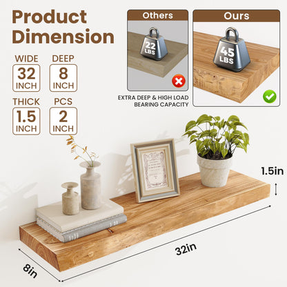 Acovy Extra Deep 32" Long Live Edge Rustic Floating Shelves for Wall, Solid Wood Wall Shelves with Invisible Bracket Mount for Living Room Bathroom Bedroom Kitchen, Set of 2, Natural