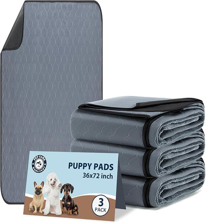 Washable Pee Pads for Dogs, 36x72 Reusable Puppy Pads with Fast Absorbent, Waterproof Reusable Pee Pads for Whelping, Traing, Incontinence and Potty, 3 Pack, Grey.