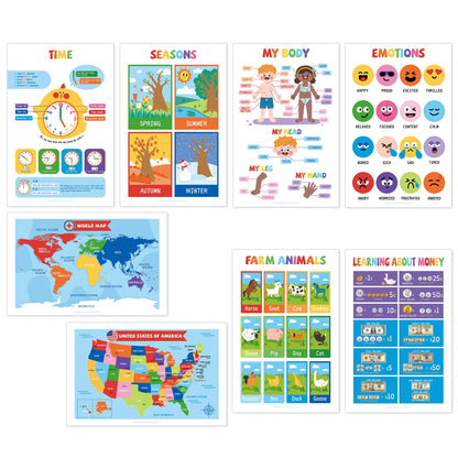UNCLE WU 16 Pack Laminated Educational Posters for Toddlers, 17 x 11 Preschool Classroom Posters with ABC Alphabet, Numbers 1-100, Shapes, Colors, USA & World Maps, Homeschool Supplies