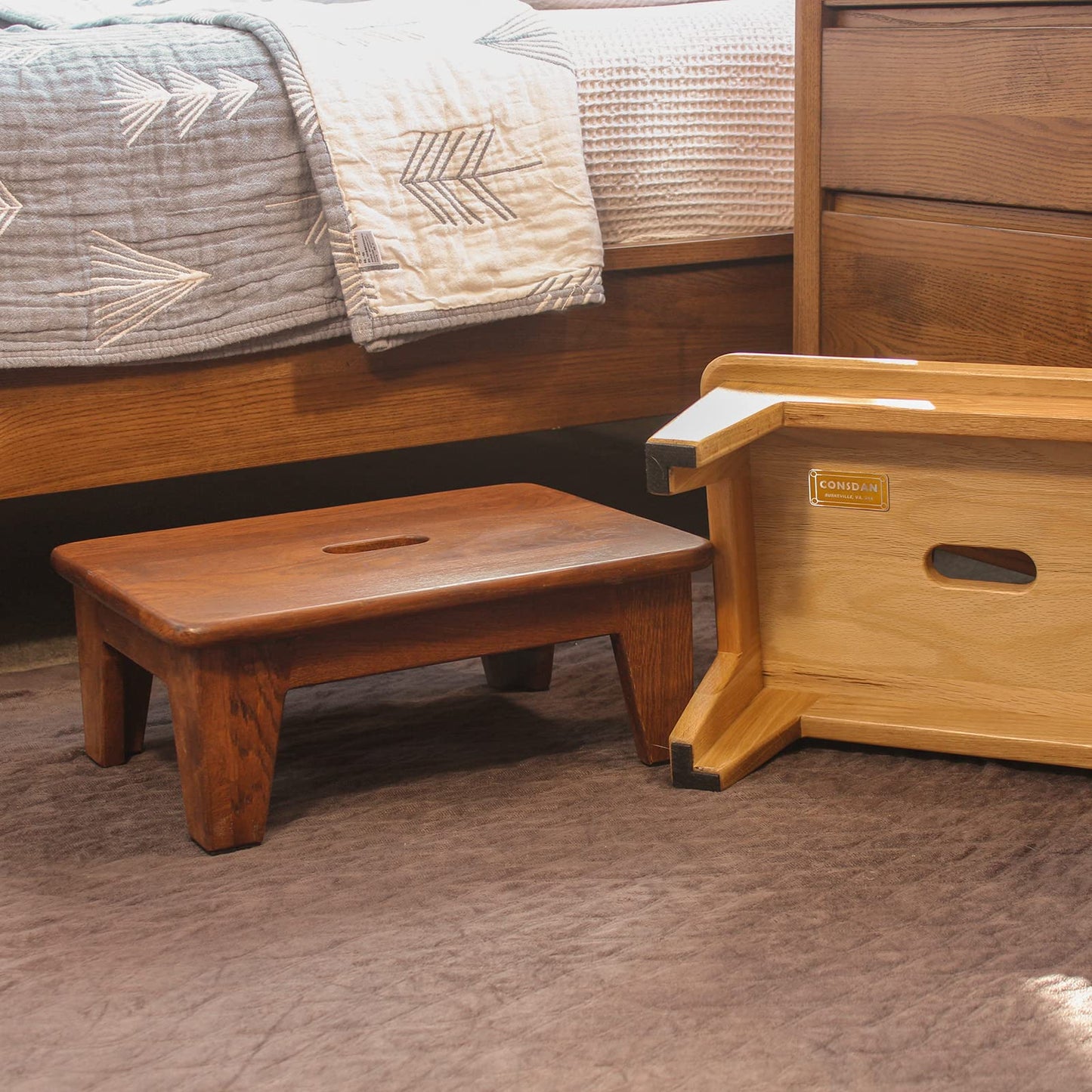 CONSDAN Step Stool for Bed - USA Grown Oak, Wooden Stool for Adults and Seniors, 6.5" High, Non-Slip Mat, No Assembly Needed, Solid Wood, Chocolate Color