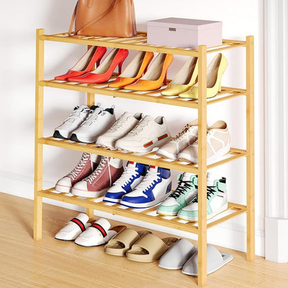 Smiry Bamboo Shoe Rack, 4 Tier Free Standing Wooden Shoe Organizer, Stackable Wood Shoe Storage Shelf for Closet, Entryway, 12 Vertical Slats, 2+2 Stack Standard Legs, 26.8"x11"x26", Natural